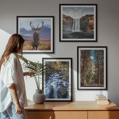 Wall art set Waterfall forest mountains deer nature
