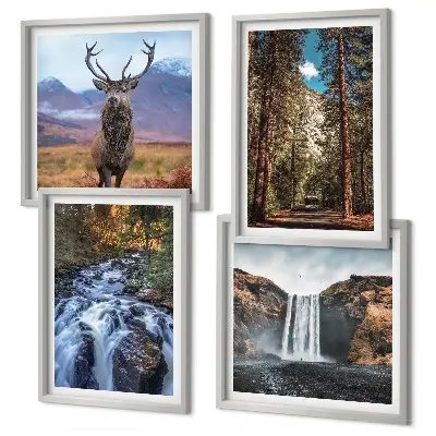 Wall art set featuring a waterfall in a mountain forest with deer