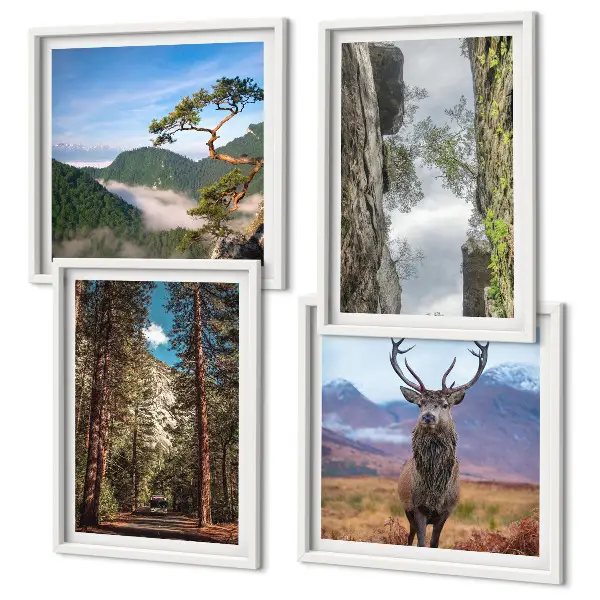 Set of 4 wall art pieces featuring a road forest mountains and deer nature theme