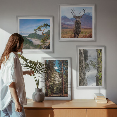 Set of 4 wall art pieces Road forest mountains deer nature