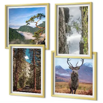 Set of 4 wall art pieces featuring a road forest mountains and deer nature theme