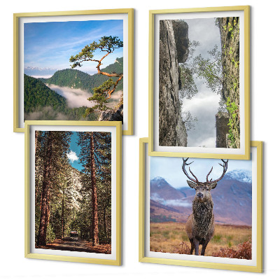 Set of 4 wall art pieces Road forest mountains deer nature