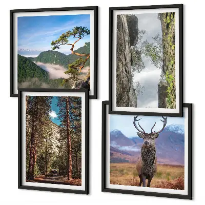 Set of 4 wall art pieces featuring a road forest mountains and deer nature theme