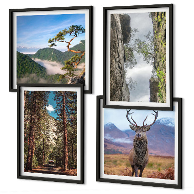 Set of 4 wall art pieces Road forest mountains deer nature