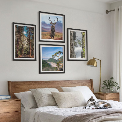 Set of 4 wall art pieces Road forest mountains deer nature