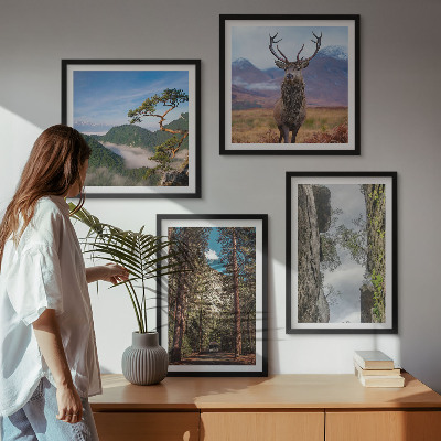 Set of 4 wall art pieces Road forest mountains deer nature