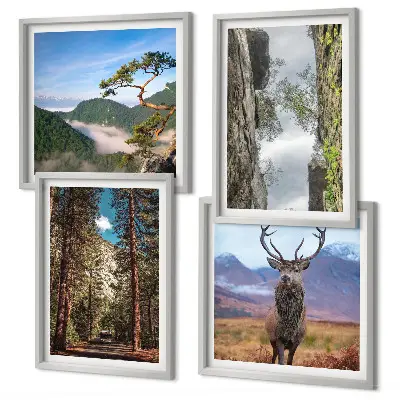 Set of 4 wall art pieces featuring a road forest mountains and deer nature theme