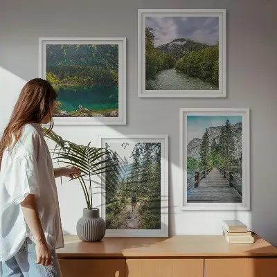 Multi-piece wall decor set featuring mountains, lakes, forests, and paths
