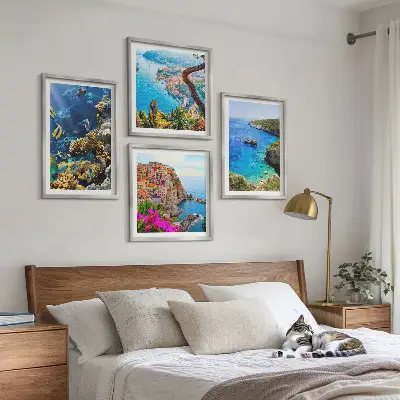Set of 4 wall art pieces seaside views with colorful houses