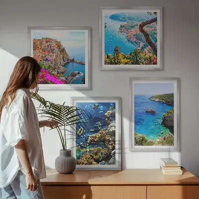 Set of 4 wall art pieces seaside views with colorful houses
