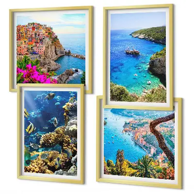 Set of 4 wall art pieces seaside views with colorful houses