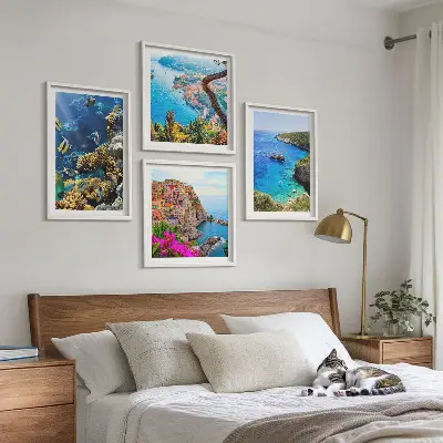 Set of 4 wall art pieces seaside views with colorful houses