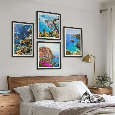 Set of 4 wall art pieces seaside views with colorful houses