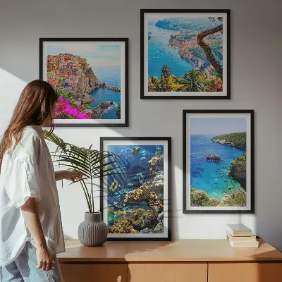 Set of 4 wall art pieces seaside views with colorful houses