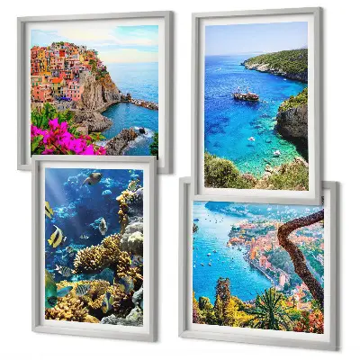 Set of 4 wall art pieces seaside views with colorful houses