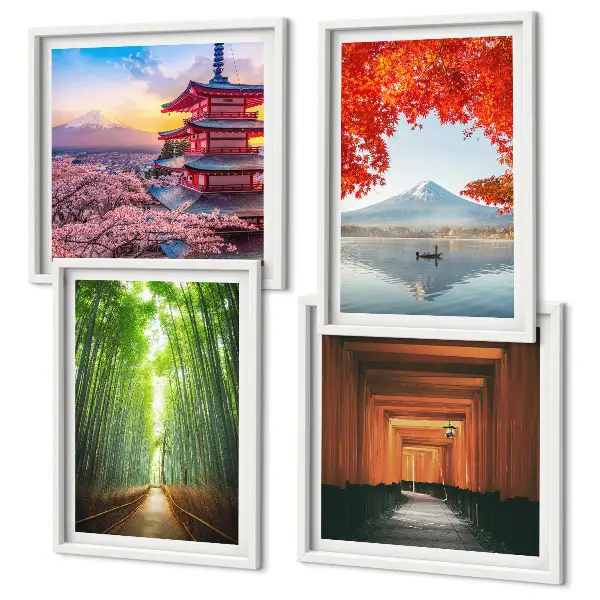 Multi-piece wall decor set featuring a Japanese Fuji torii gate and bamboo forest