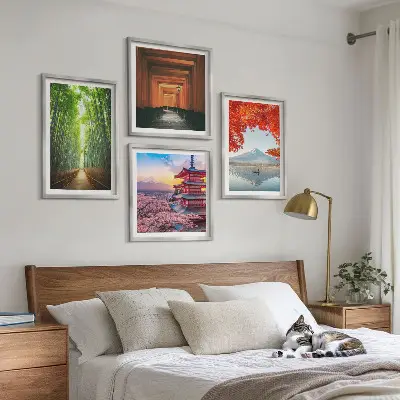 Multi-piece wall decor set featuring a Japanese Fuji torii gate and bamboo forest