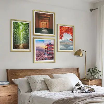 Multi-piece wall decor set featuring a Japanese Fuji torii gate and bamboo forest