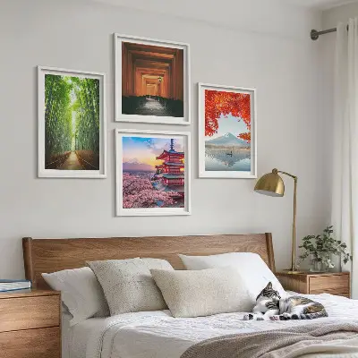 Multi-piece wall decor set featuring a Japanese Fuji torii gate and bamboo forest