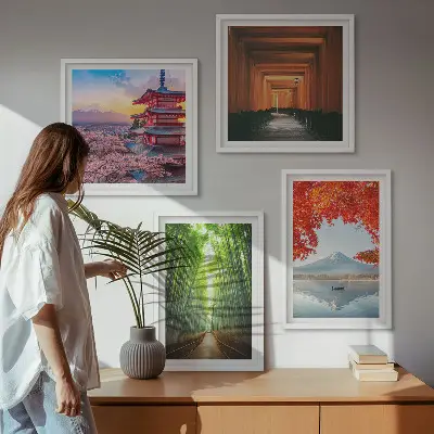 Multi-piece wall decor set featuring a Japanese Fuji torii gate and bamboo forest