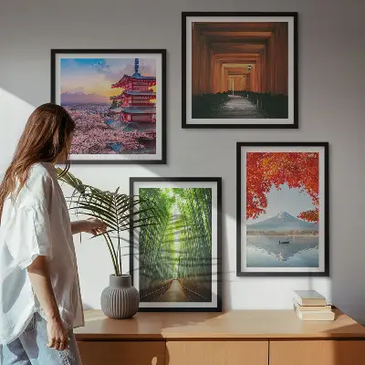 Multi-piece wall decor set featuring a Japanese Fuji torii gate and bamboo forest