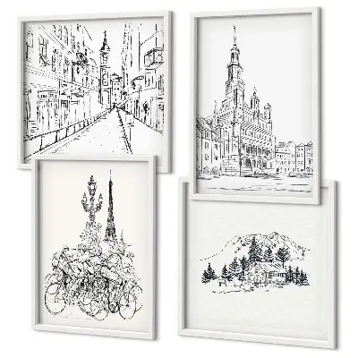 City view wall art set set of 4 simple drawings