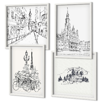 Set of 4 wall art pieces Simple drawings of city views
