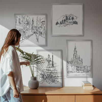 Set of 4 wall art pieces Simple drawings of city views