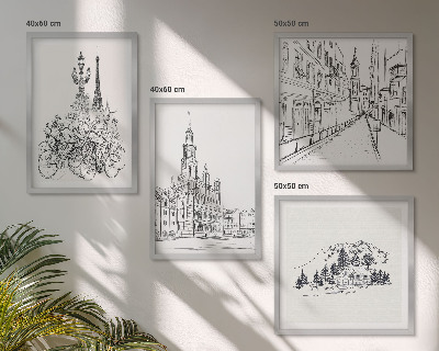 Set of 4 wall art pieces Simple drawings of city views