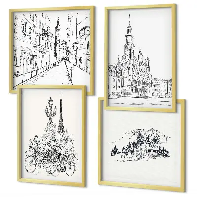 City view wall art set set of 4 simple drawings