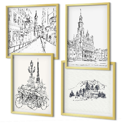 Set of 4 wall art pieces Simple drawings of city views