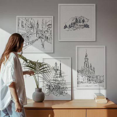 Set of 4 wall art pieces Simple drawings of city views