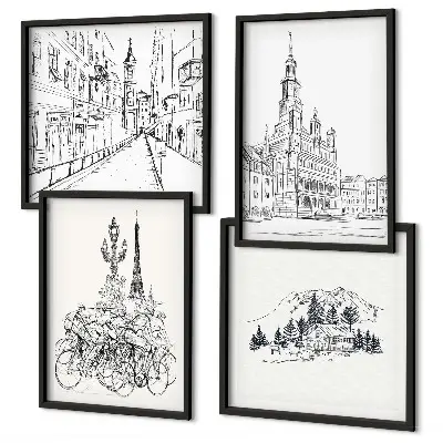 City view wall art set set of 4 simple drawings