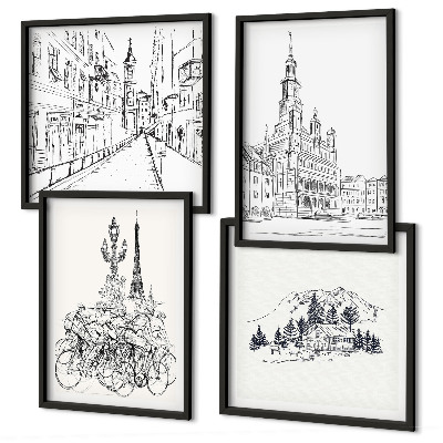 Set of 4 wall art pieces Simple drawings of city views