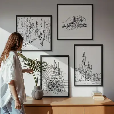 City view wall art set set of 4 simple drawings