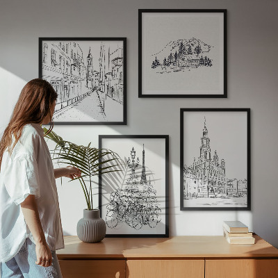Set of 4 wall art pieces Simple drawings of city views