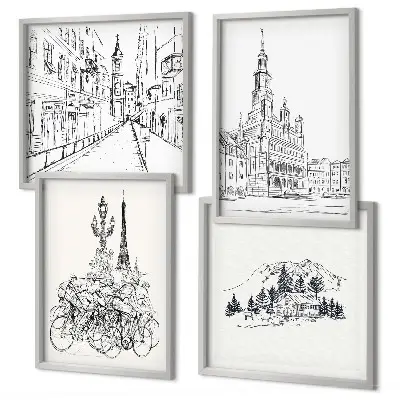 City view wall art set set of 4 simple drawings