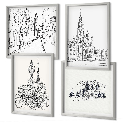 Set of 4 wall art pieces Simple drawings of city views