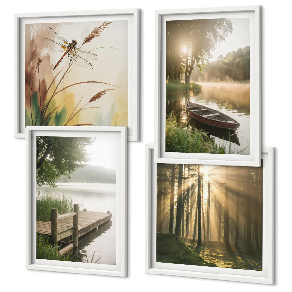 Set of 4 wall art pieces Lake, forest, boat, morning fog