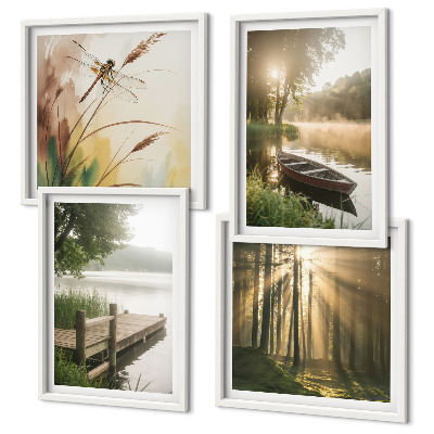 Set of 4 wall art pieces Lake, forest, boat, morning fog