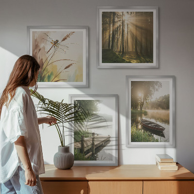 Set of 4 wall art pieces Lake, forest, boat, morning fog
