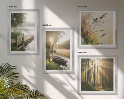 Set of 4 wall art pieces Lake, forest, boat, morning fog