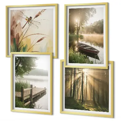 Set of 4 wall art pieces featuring a lake, forest, boat, and morning fog
