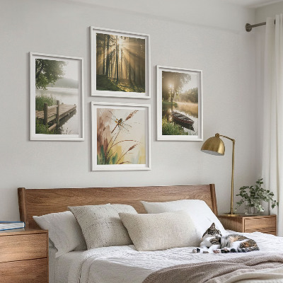 Set of 4 wall art pieces Lake, forest, boat, morning fog
