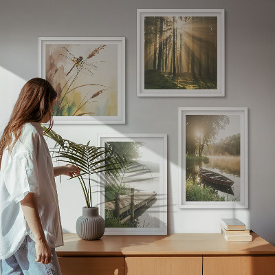 Set of 4 wall art pieces Lake, forest, boat, morning fog
