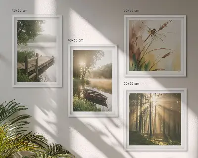 Set of 4 wall art pieces featuring a lake, forest, boat, and morning fog