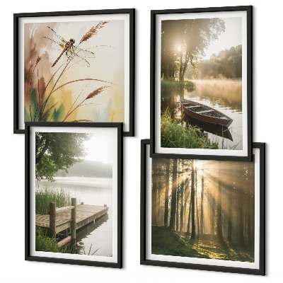 Set of 4 wall art pieces Lake, forest, boat, morning fog