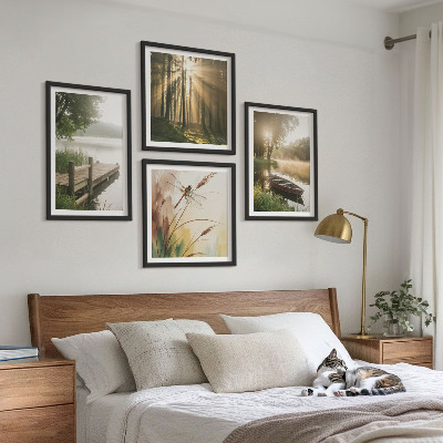 Set of 4 wall art pieces Lake, forest, boat, morning fog