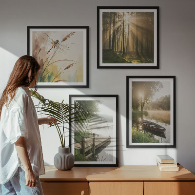 Set of 4 wall art pieces Lake, forest, boat, morning fog