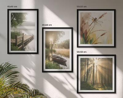 Set of 4 wall art pieces Lake, forest, boat, morning fog